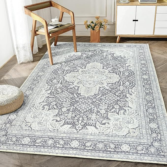 Bloom Rugs Washable Non-Slip 4' x 6' Rug - Charcoal Blue Traditional Medallion Area Rug for Living Room, Bedroom, Dining Room, and Kitchen - Exact Size: 4' x 6'