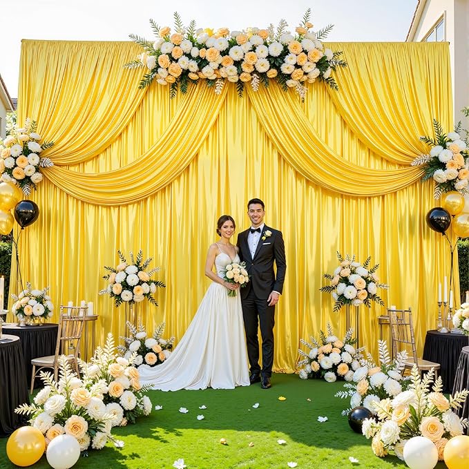 Gold Satin Backdrop Curtains 2 Panels - Glitter Photo Drapes for Baby Shower, 10x10FT Shimmer Back Drop Cloth, Wrinkle Free for Birthday Graduation Home Party Wedding Background