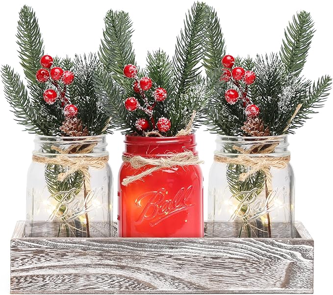 Christmas Mason Jars, Christmas Centerpiece Table Settings, Wood Tray with 3 Painted Jars, Dining Coffee Table Centerpiece, For Kitchen, Living Room, Red Mason Jar Decor with Flowers (Set of 3)