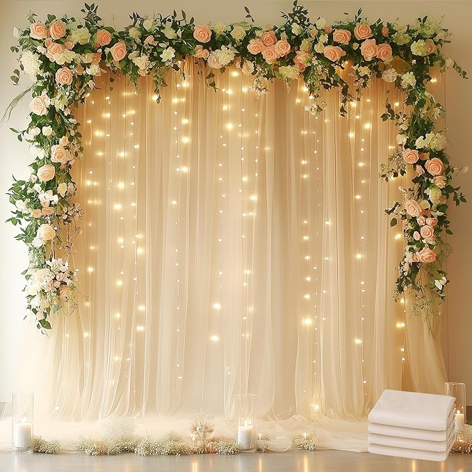 Fomcet Tulle Backdrop Curtains Champagne 20FT X 10FT Tulle Curtains with Lights String Sheer Backdrop Curtain for Parties Wedding Baby Shower Photo Shoot Decorations (4 Panels 5 x 10FT)
