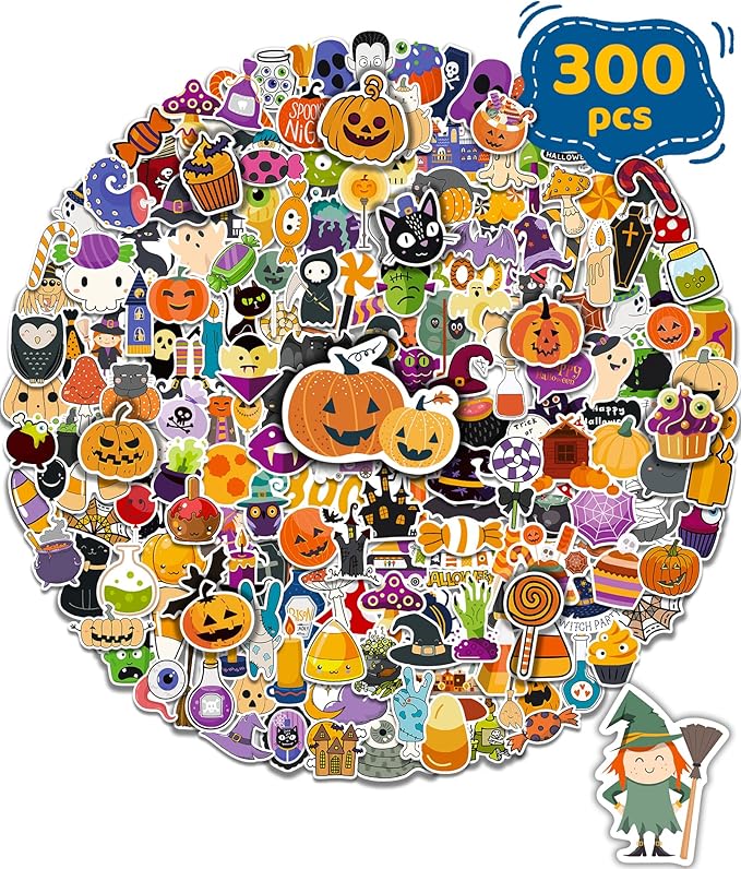 300 PCS Halloween Pumpkin Stickers, Vinyl Waterproof Stickers for Water Bottles Laptop Skateboard Computer, Halloween Party Favors Gifts Funny for Kids Teens Adults