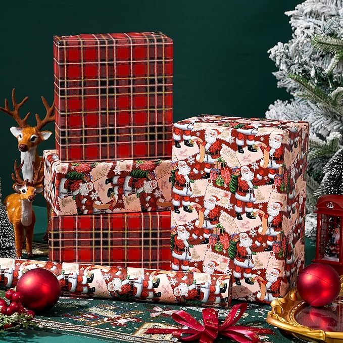 Ulmasinn Reversible Christmas Wrapping Paper Roll - 17" x33ft Double-Sided Designs with Santa and postcard & Plaid for Xmas Gift Wrap for Presents, Table Decor & Crafting