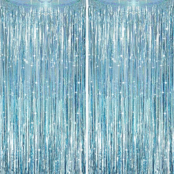 2 Pack Laser Light Blue Foil Fringe Curtains, Tinsel Streamers Birthday Party Decorations, Fringe Backdrop for Kids Birthday, Sea, Blue Theme Party