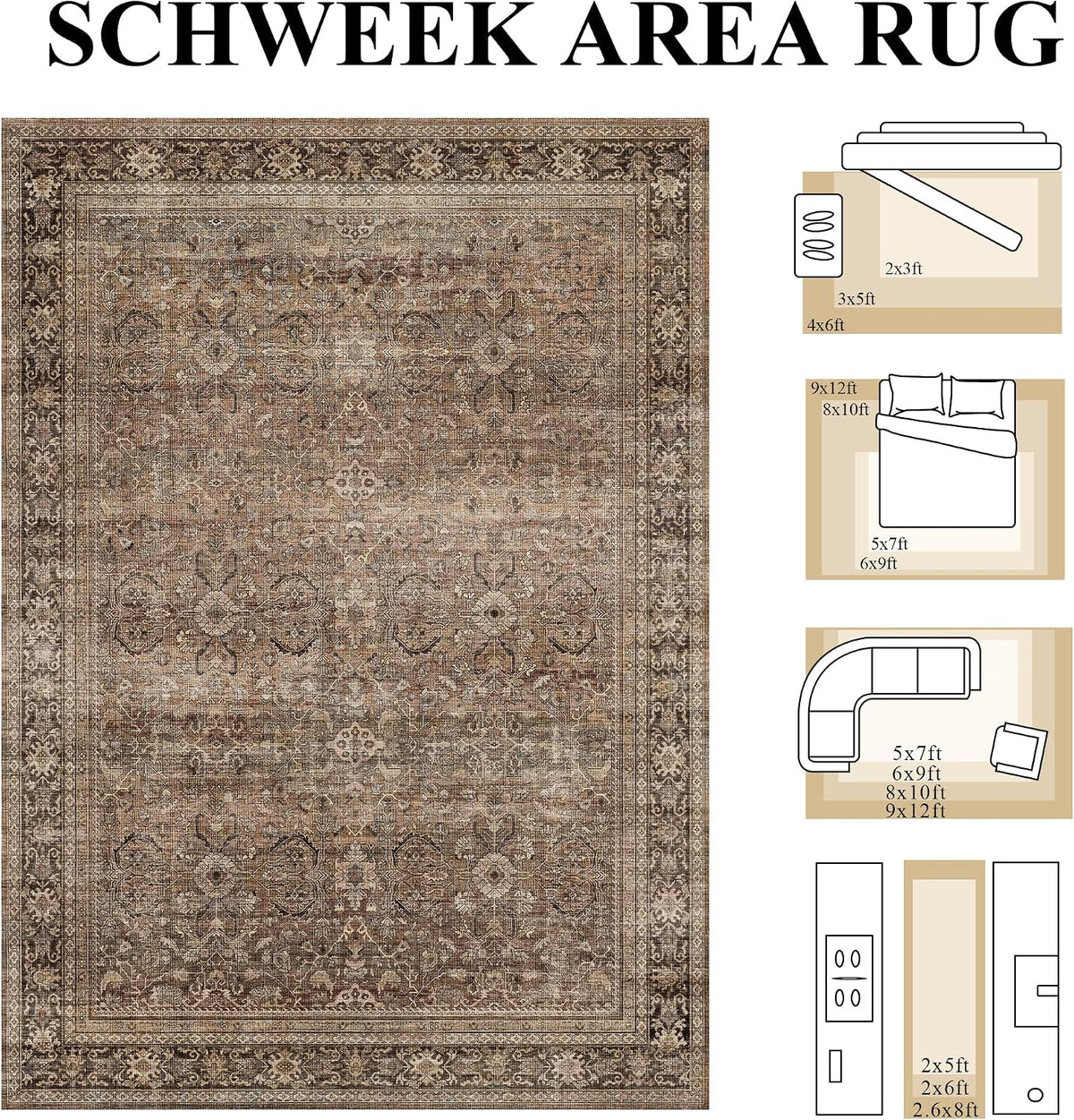 Schweek 8x10 Brown Area Rugs Washable Vintage Large Rug for Living Room
