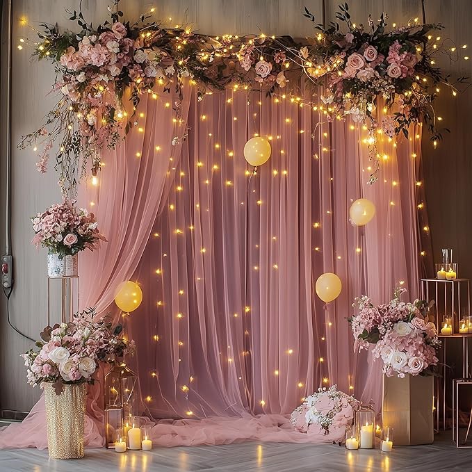 Tulle Backdrop Curtain with Lights String 10FT X 8FT Dusty Rose Sheer Tulle Backdrop Curtains for Wedding Birthday Party Reception Photo Booth Background Decorations (2 Panels 5x8FT)