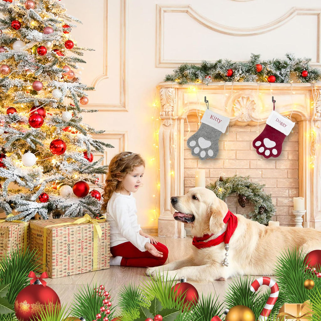 Custom Pet Christmas Stocking: Large Personalized Embroidered Name Stocking for Dogs Cats Pets, Paw Shape Xmas Stocking Fireplace Hanging Stockings Family Holiday Stockings (1 pcs)