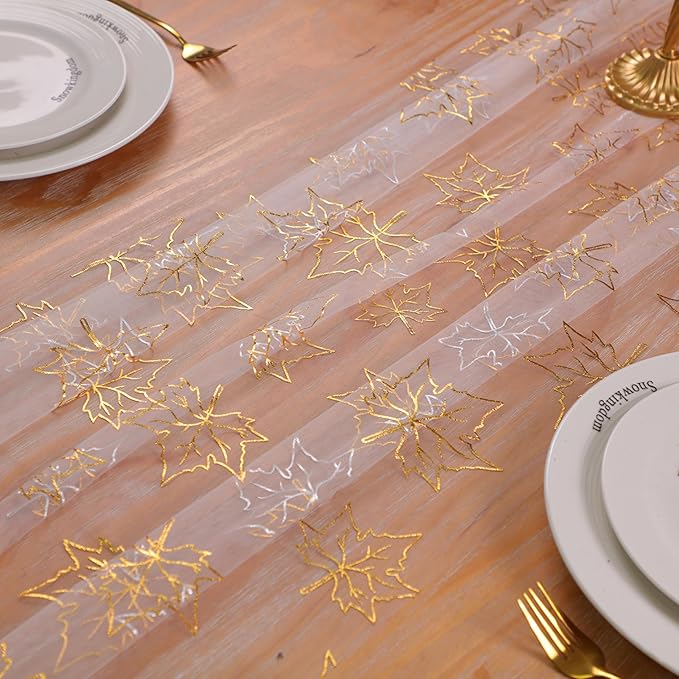 Snowkingdom Fall Table Runner, 10ft Gold Maple Leaves Gauze Chiffon Table Runners, Thanksgiving Decoration Sheer Cheesecloth Runner for Autumn Harvest Glitter White Sparkle Dining Party Decor 120 Inch