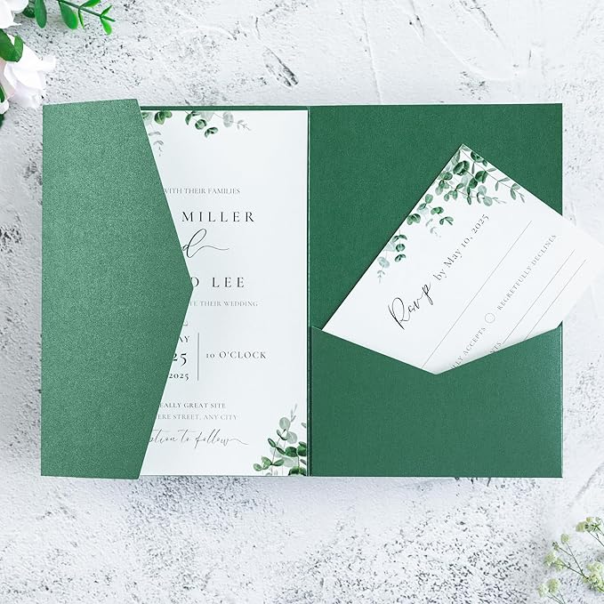 20 PCS Emerald Green Tri-fold Laser Cut Wedding Invitation Pockets for 5x7 Wedding Cards Bridal Shower Engagement Quinceanera Invitation