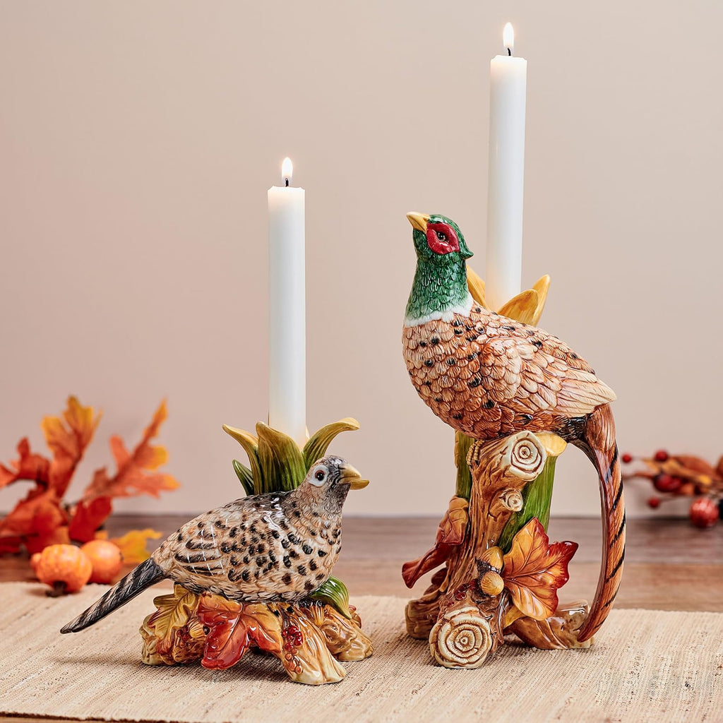 Fitz and Floyd Fall Harvest Pheasant Ceramic Figurine Candleholders, Set of 2, 10.5 and 6.25 inches Tall