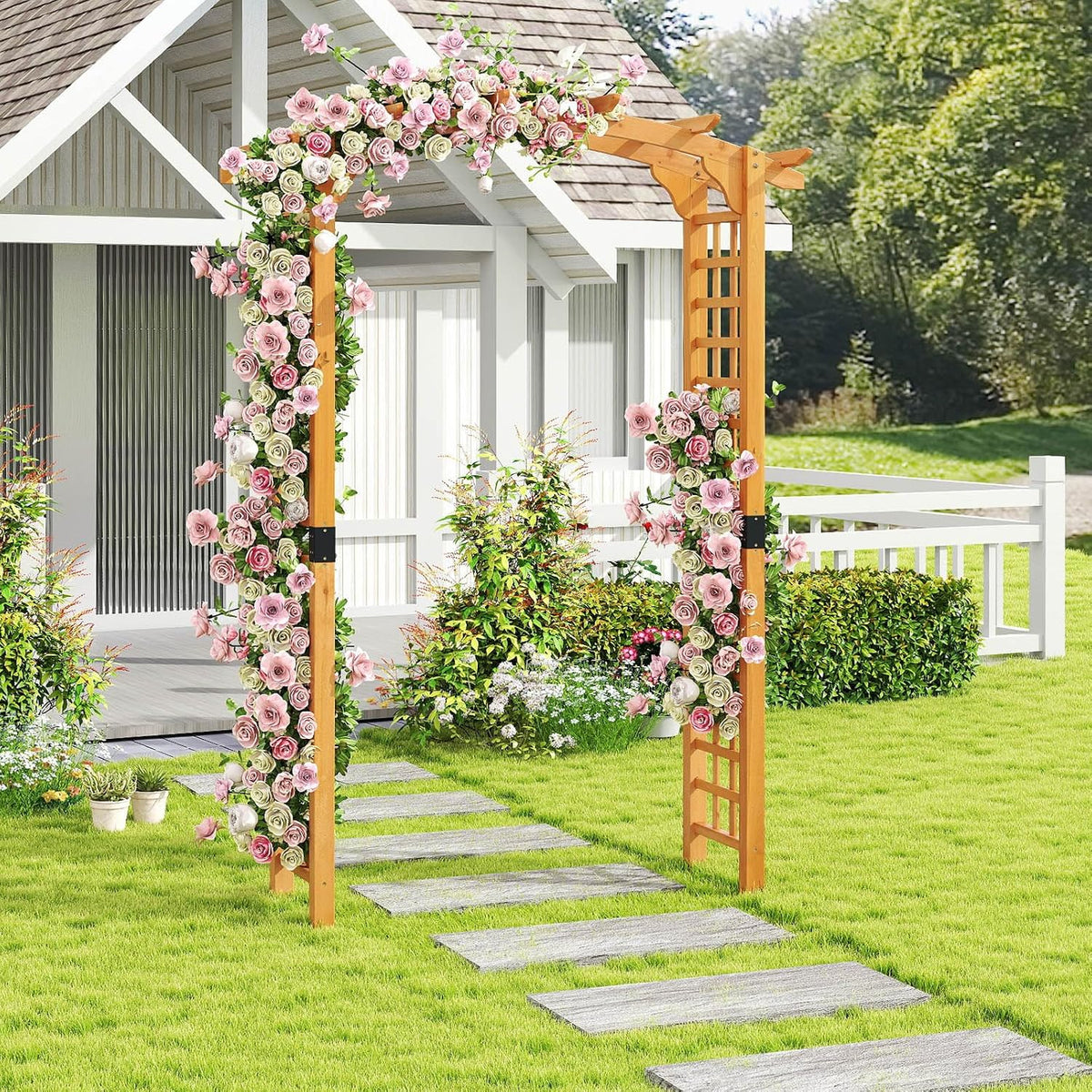 HAPPYGRILL 7.5 FT Wooden Garden Arch, Outdoor Arbor for Climbing Plants