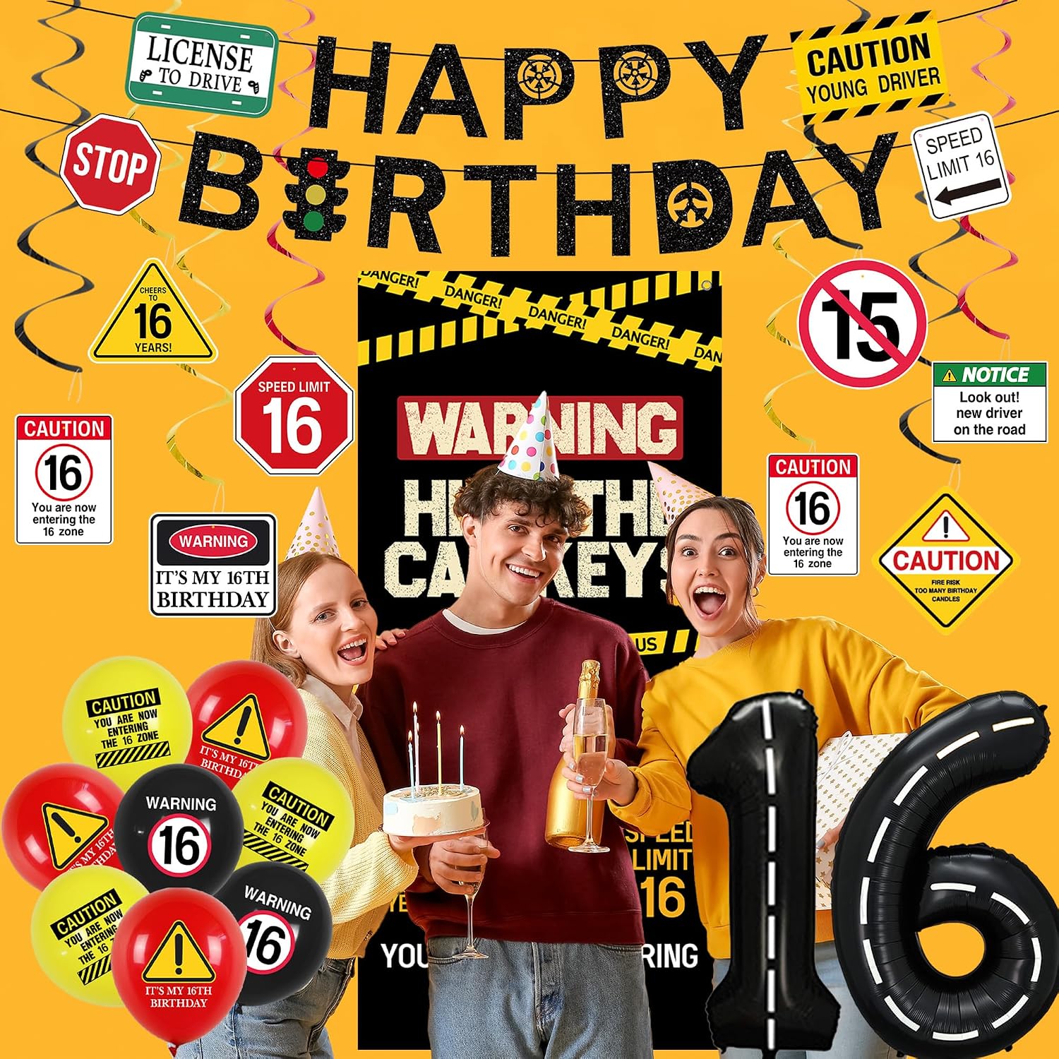 Roetyce 16th Birthday Decorations Boys Girls, Hide The Car Keys Happy 16th Birthday Banner Backdrop Balloons Hanging Swirls, Caution Logo Themed 16 Years Old Party Yard Door Wall Cover Background