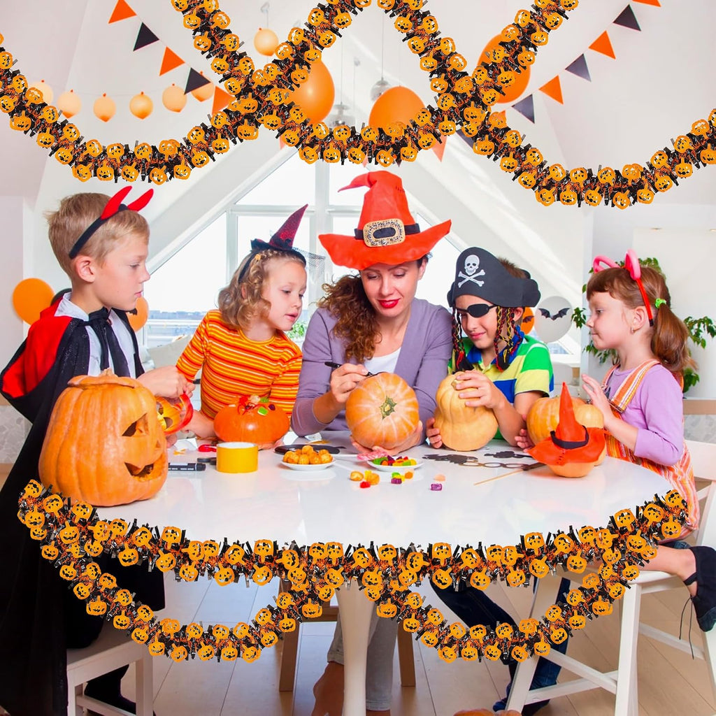 33FT Halloween Tinsel Garland with Orange Pumpkin Ornament, Shiny Metallic Twist Garland Outdoor Indoor Halloween Decorations for Home Table Office Classroom Fireplace Mantle Party Decor