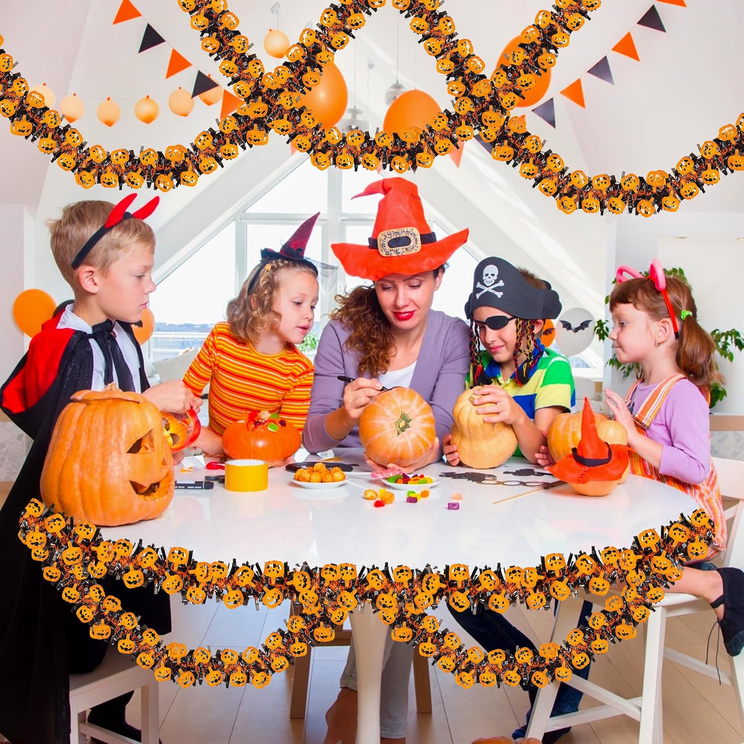 33FT Halloween Tinsel Garland with Orange Pumpkin Ornament, Shiny Metallic Twist Garland Outdoor Indoor Halloween Decorations for Home Table Office Classroom Fireplace Mantle Party Decor