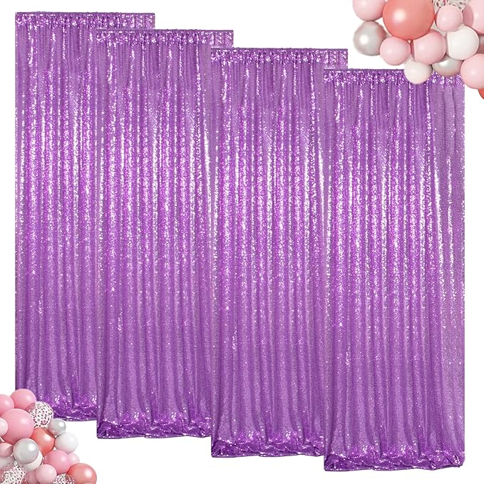 ShinyBeauty Sequin Curtains 4 Panels Lavender Sequin Backdrop Photo Backdrops Shimmer Background Party Decor Glitter Fabric Light Purple Curtain for Baby Shower(2FTx8FT)