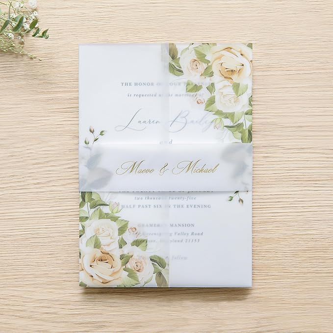 PONATIA 50PCS Vellum Jackets for 5x7 Invitation Cards- 135GSM Champagne Flowers Vellum Sleeves, VVellum Sleeves, 5x7 Clear Jackets - Wedding Invitations Wraps - Transparent Card Jackets