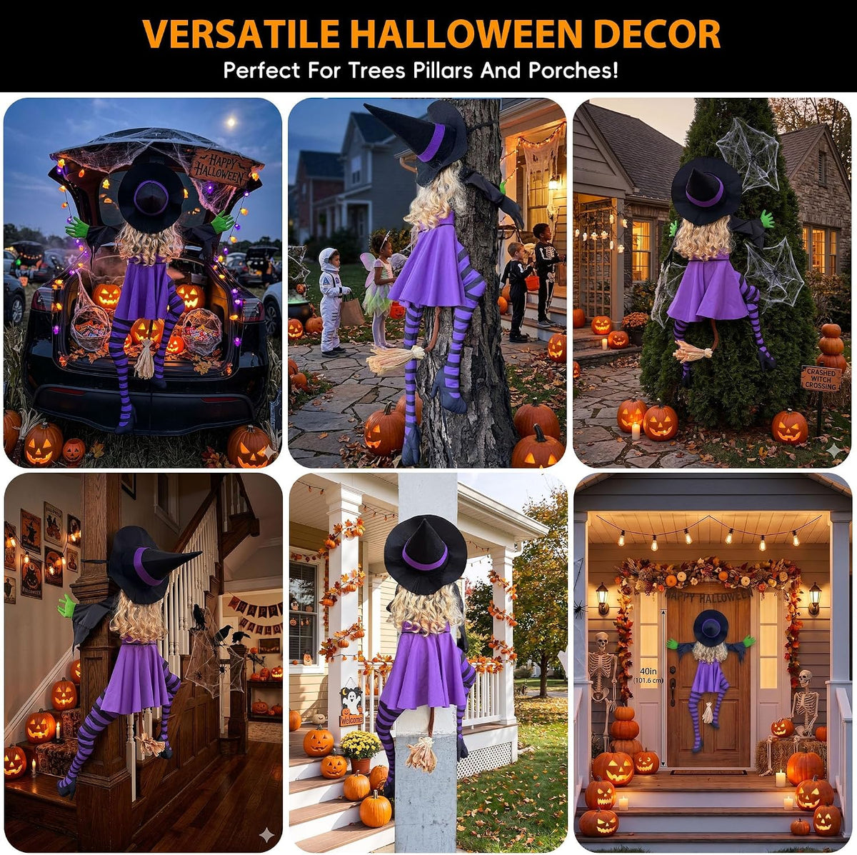 63" Purple Witch Crashing into Tree Halloween Decorations