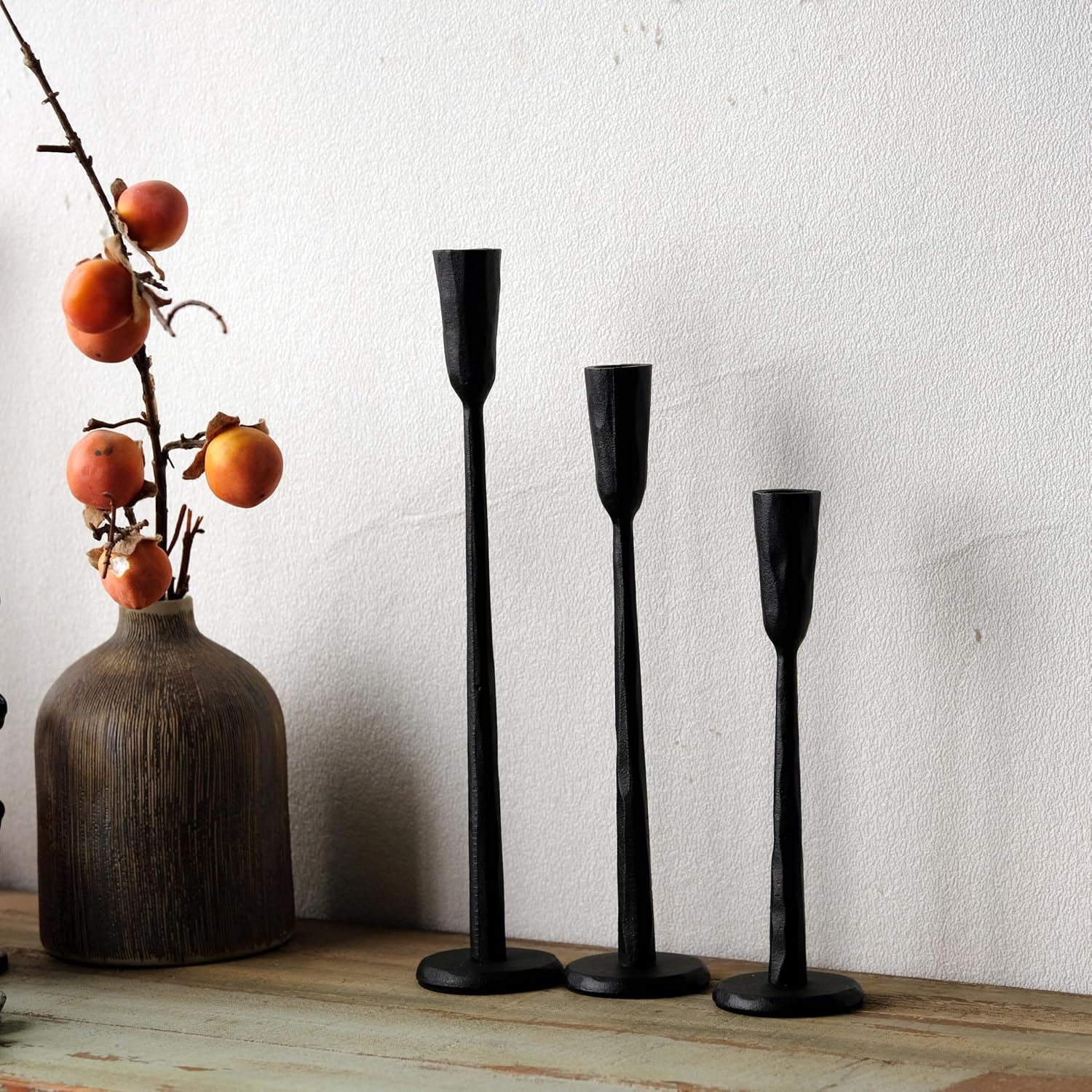 Black Iron Taper Candle Holder Set of 3, Heavy Wrought Iron Candlestick Holders Decorative Candle Stand, Vintage Candle Holder for Wedding, Dining, Home Decoration
