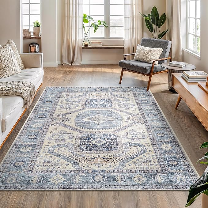 Bloom Rugs Washable Non-Slip 5' x 7' Rug - Blue/Beige Traditional Oriental Area Rug for Living Room, Bedroom, Dining Room, and Kitchen - Exact Size: 5' x 7'