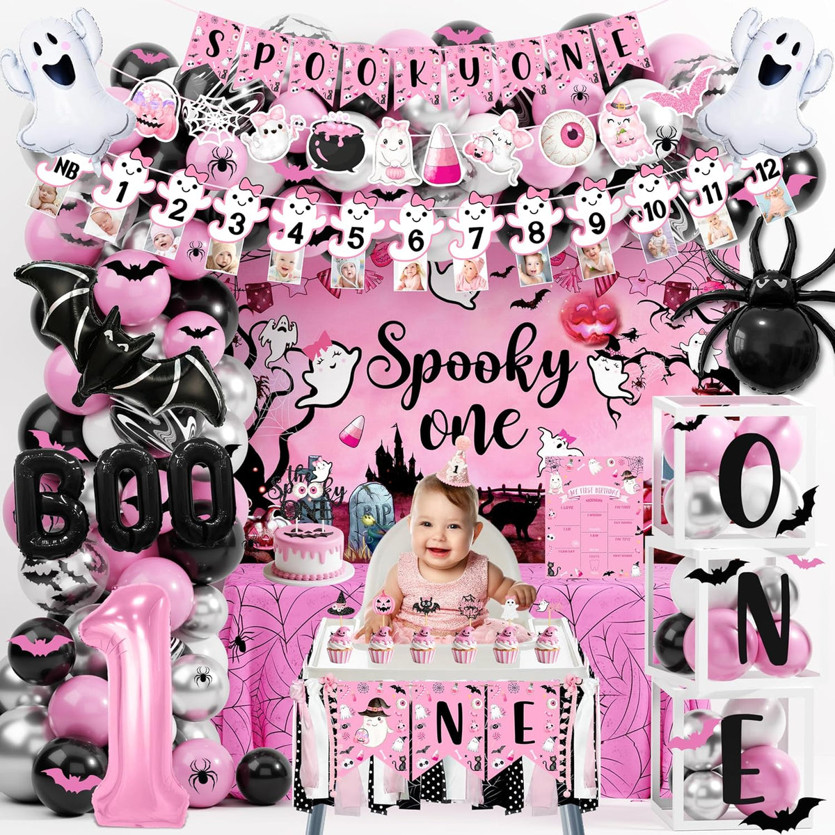 pink spooky one birthday decorations girl halloween 1st on a desk or shelf