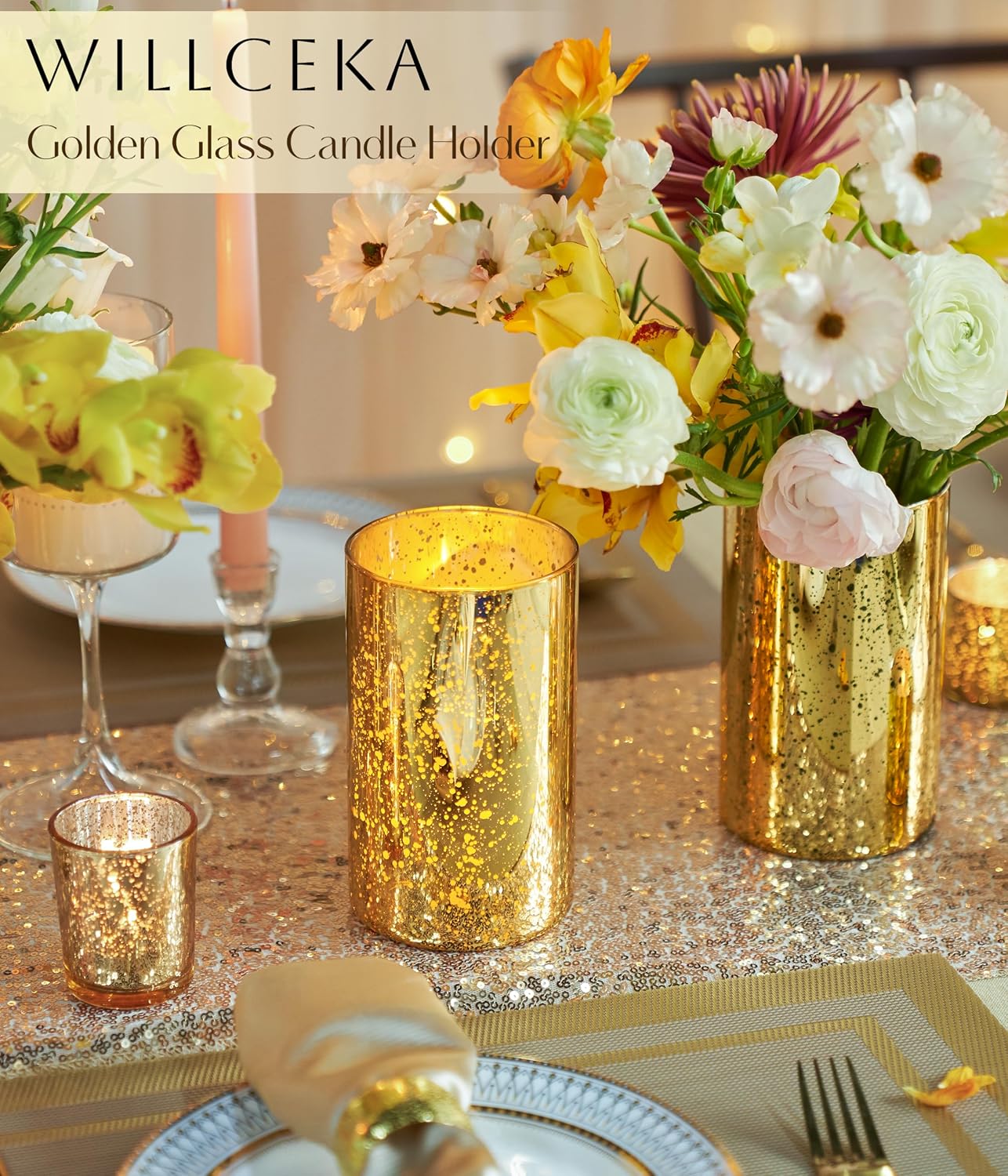 Willceka Gold Cylinder Vases for Centerpieces, Modern Glass Vase Set of 12 Decorative Hurricane Candle Holder for Pillar Candle Holders Flowers for Table Centerpiece