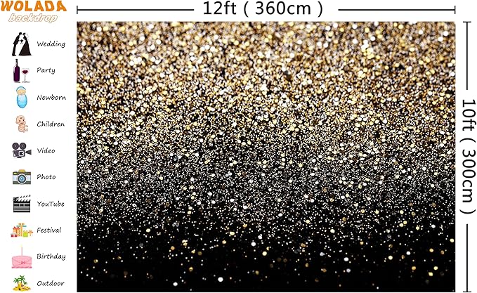 WOLADA Black and Gold Backdrop Golden Glitter Backdrop for Photography Wedding Birthday Baby Shower Party Photo Studio 12x10FT 11176