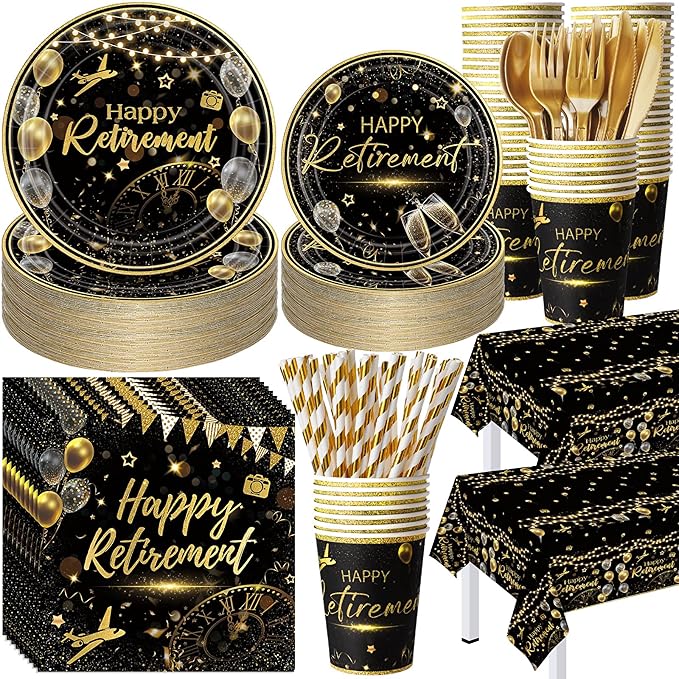 452 Pcs Black Gold Retirement Decorations Supplies for 50 Guests, Happy Retirement Paper Plates Napkins Cups Tablecloth Cutlery Straws Disposable Tableware Set for Men Women