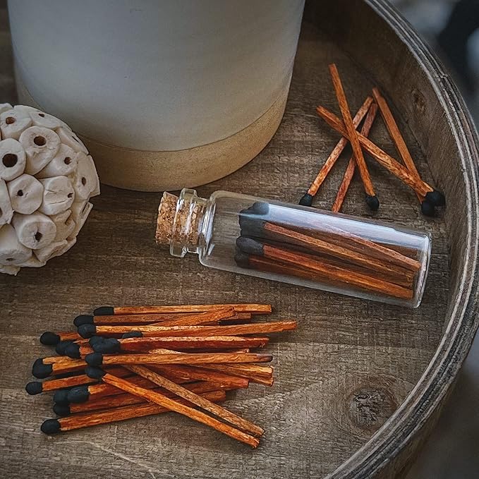 Thankful Greetings 2" Matches in 3 Glass Bottles Cork Top, Striker Stickers Included | 60 Matchsticks Color of Your Choice | Decorative Safety Matches w/Small Glass Holder | Gifts & Home Decor