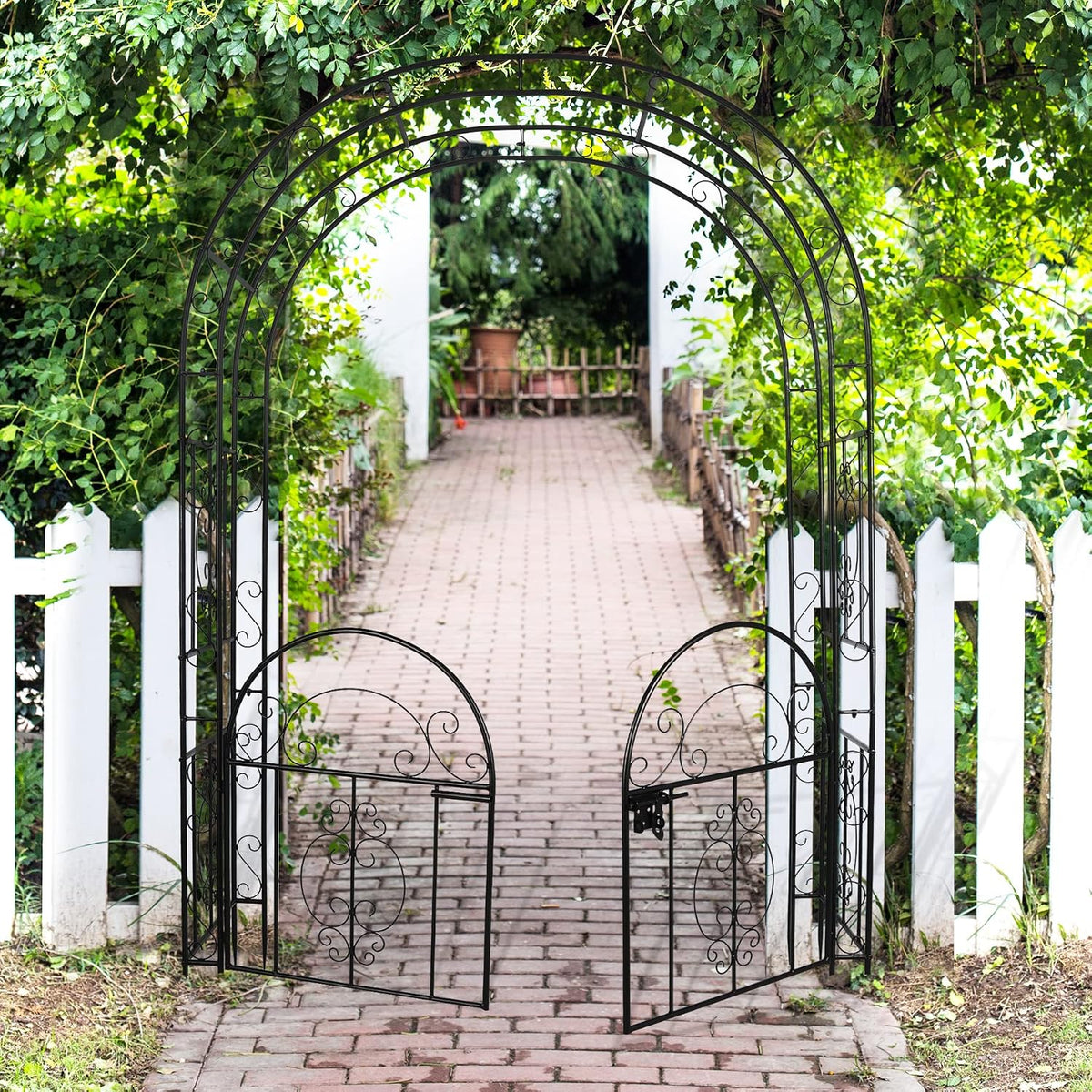 84in High Metal Garden Arbor with Gate, Heavy Duty Wide Garden Arch, Metal Ar...