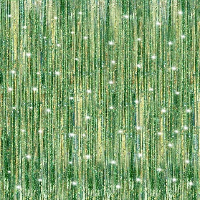 Crosize 2 Pack 3.3 x 9.9 ft Laser Green Foil Fringe Curtains Party Decorations, Laser Green Tinsel Curtain Backdrop for Parties, Door Streamers, Glitter Streamer Backdrop for Birthday Decoration
