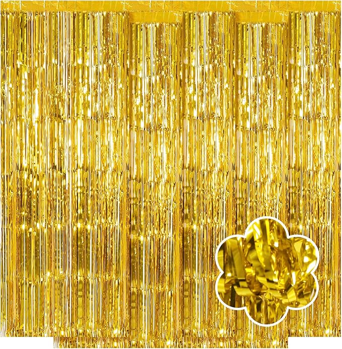 5 Pack Gold Foil Curtain Backdrop 3.2ft x 9.8ft Metallic Tinsel Foil Fringe Curtains Streamer Photo Booth Backdrop for Birthday Party Engagement Bachelorette Party Decorations (Gold)