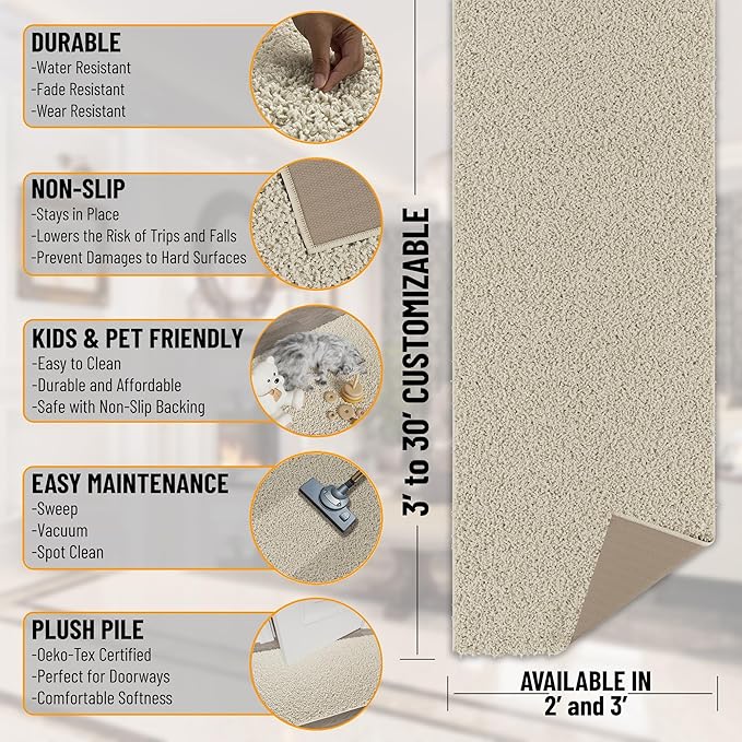 Ottomanson 3' x 20' Shaggy Runner Rug - Plush & Cozy Non-Slip Carpet for Bedroom, Living Room, Bathroom & Entryway - Durable & High-Traffic Friendly for Hallways & Dorms, Cream