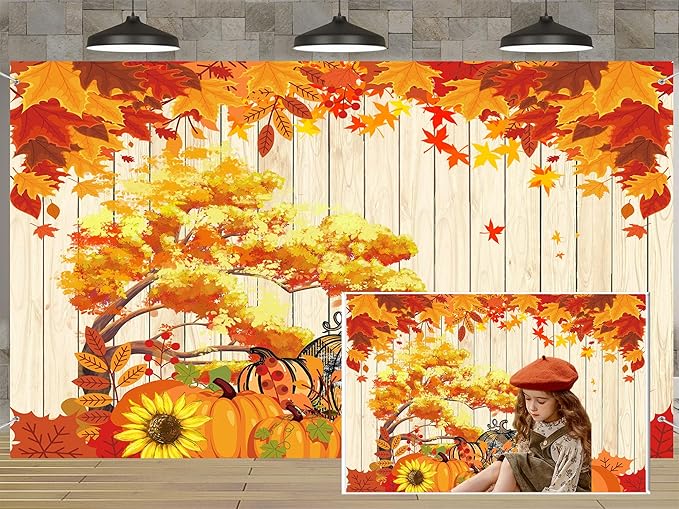 QGHOT Fall Tapestry Wall Hanging Autumn Photo Backdrop Rustic Orange Wood Tapestry Tree Maple Leaf Pumpkin Nature Landscape Country Tapestries for Bedroom Room Thanksgiving Decor (59.1"x51.2")
