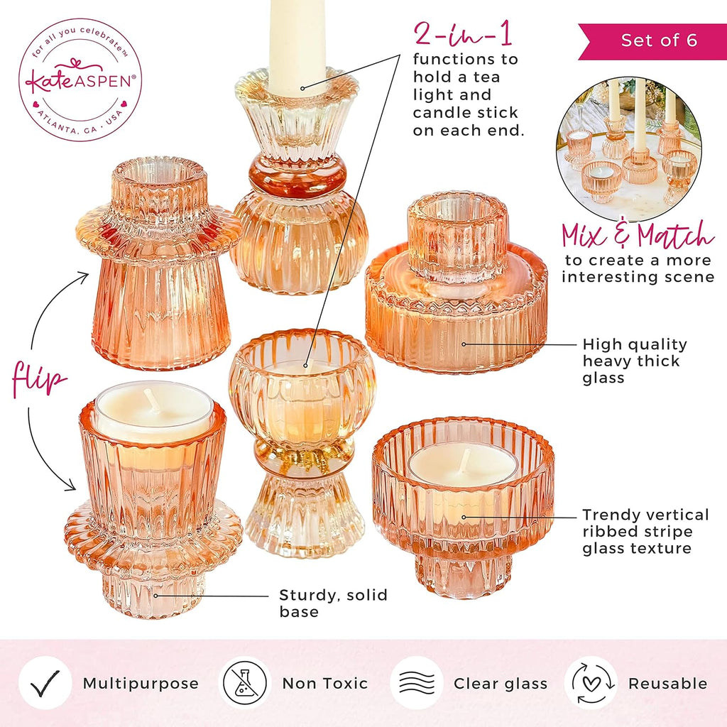 Kate Aspen Glass Taper Candle Holder Set of 6 - Rose Gold Ribbed Vintage Candlestick Votive Pillar Decorative Centerpiece for Dining Table Shelf Decor