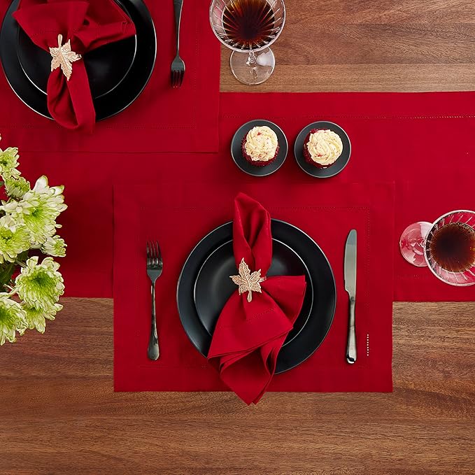 Cotton Linen Dinner Napkins Set of 4 – Hemstitch Red Cloth Dinner Napkins 20x20 Inch – Washable Fabric for Dining, Fall, Halloween, Spring, Summer, Wedding, Everyday Décor – Serena