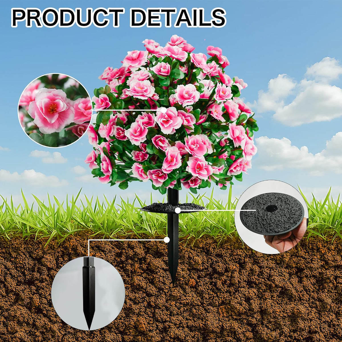 fake outdoor flowers, artificial plants with ground spike, close-up detail