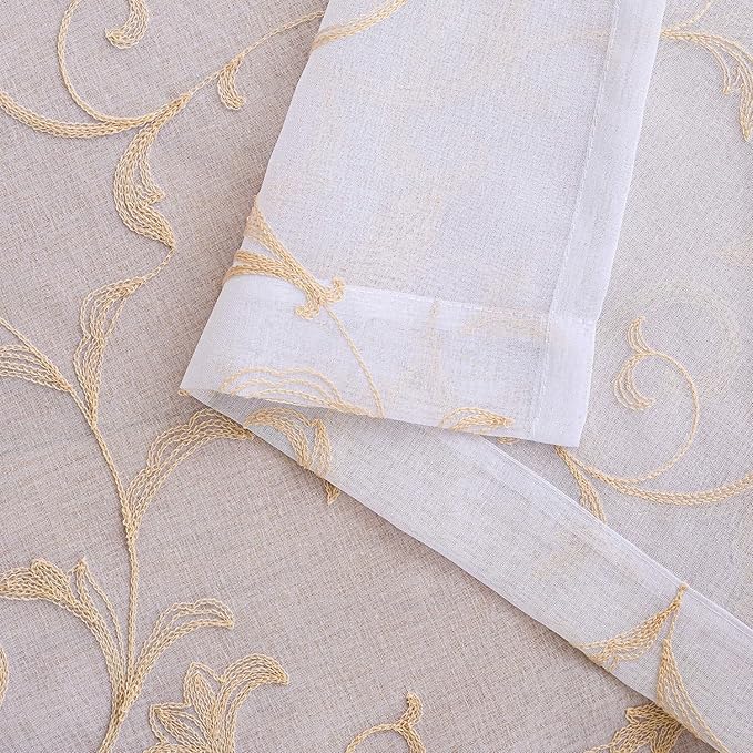 Sheer Curtains White-Beige 45 Inch Length Floral Embroidery Vintage Rod Pocket Voile Drapes for Living room, Bedroom, Window Treatments Semi Crinkle Curtain Panels for Farmhouse Set of 2, 52"x 45".