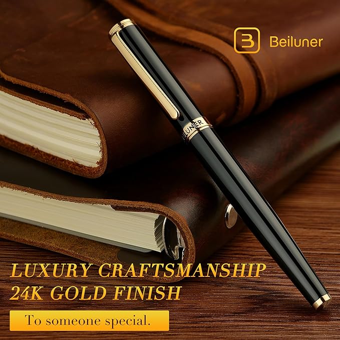 BEILUNER Black Fountain Pen,Stunning Luxury Pens with 24K Gold Accents, Gorgeous 24K Gilded Nib(Medium), Trustworthy Pen Gift for Men&Women -Ink Converter-Elegant, Reliable,Nice Pen for Writing
