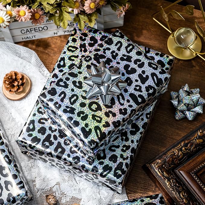 Yarcony Leopard Wrapping Paper Roll, Bold Animals Prints Wrapping Paper, Glitter Black White Cheetah Gift Wrap w/Metallic Shine for Birthday, Graduatios, Bachelorette, Christmas (17 Inch X 33 Feet)