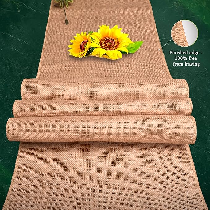 Burlap Table Runners (Pack of 3) – 12”x 108” - No-Fray Finished Edge Premium Quality Natural Table Runner – No Odor, Eco-Friendly Burlap Runner, Perfect for Rustic Table Decor and Other DIY Crafts