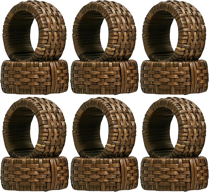 Decorative Cane Napkin Rings Set of 12 - Hand Woven Napkin Holders for Farmhouse, Rustic, Holiday, Wedding, Easter, Thanksgiving, Xmas, Boho & Fall Table Décor (Walnut) - CLEENTABLE