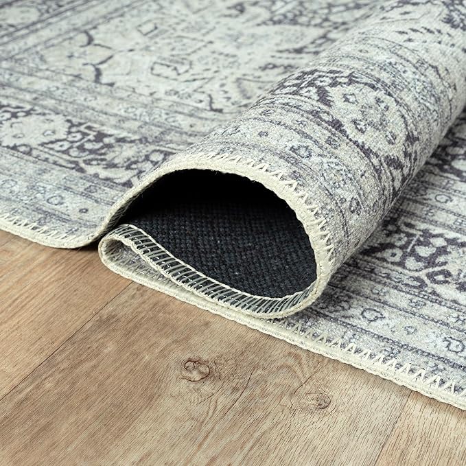 Bloom Rugs Washable Non-Slip 4' x 6' Rug - Charcoal Blue Traditional Medallion Area Rug for Living Room, Bedroom, Dining Room, and Kitchen - Exact Size: 4' x 6'