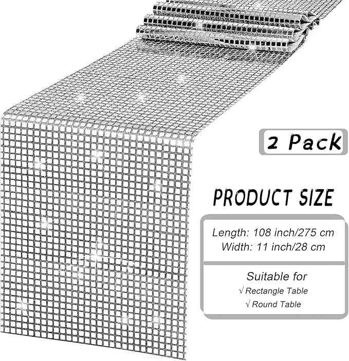 durony 2 Pack Disco Party Table Runner 11 x 108 Inch Mirror Silver Glitter Foil with Sparkle Sequin Table Runner for 70s Bachelorette Parties Disco Cowgirl Party Decorations