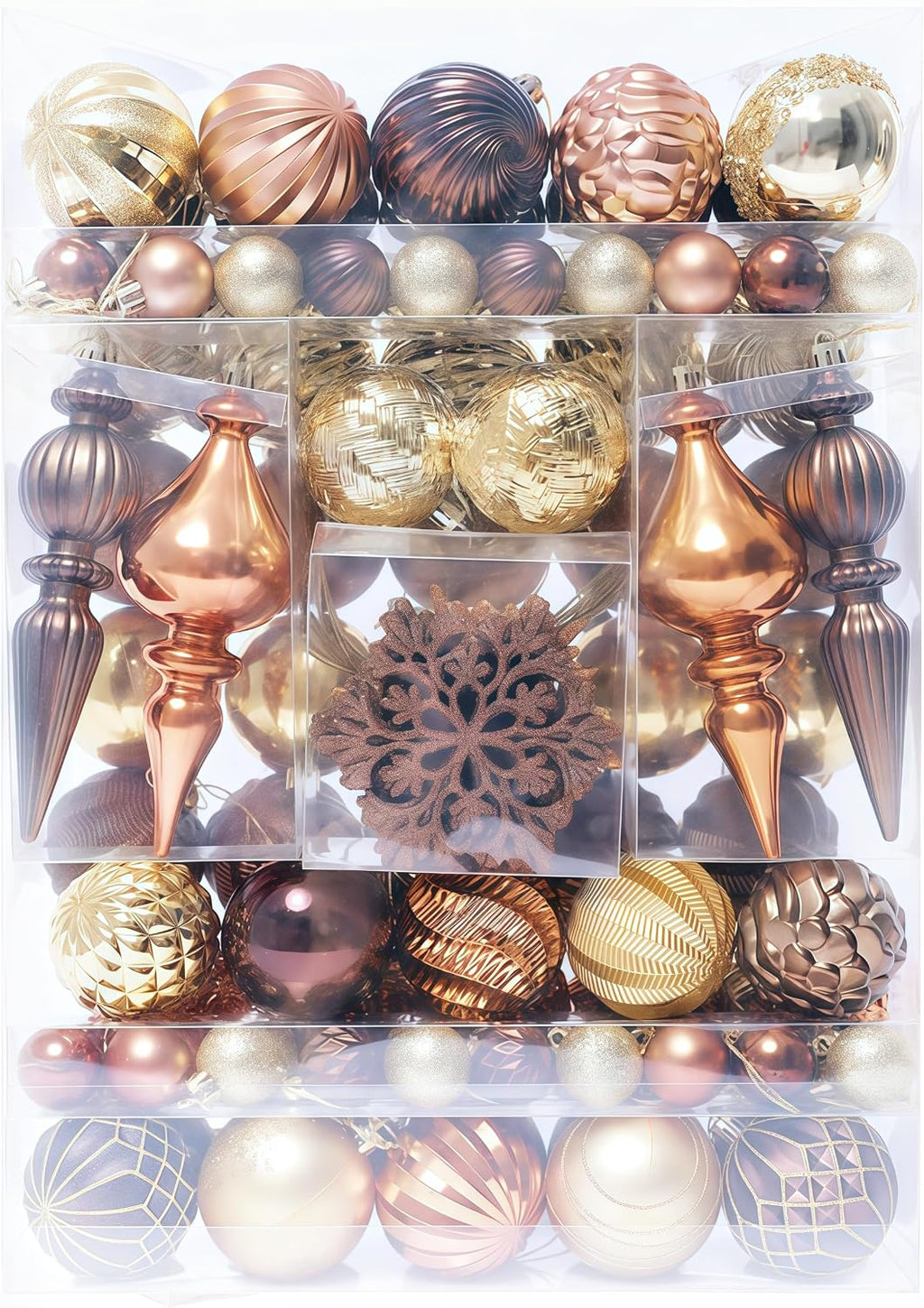 HipTree 116ct 1.18-6.5"Copper Gold Christmas Tree Ornaments Decorations Set | Shatterproof Luxury Assorted Hanging Baubles, Pre-Strung Bulk Holiday Decor For Tabletop Tree,Mantel Xmas Party Home Indoor