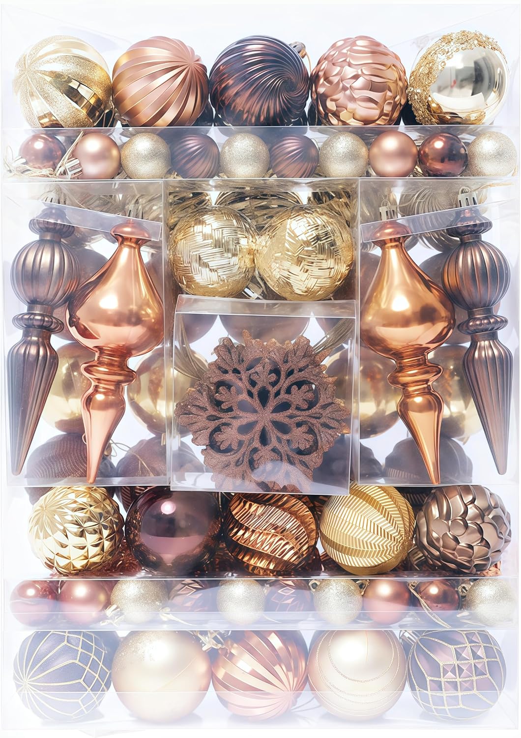 HipTree 116ct 1.18-6.5"Copper Gold Christmas Tree Ornaments Decorations Set | Shatterproof Luxury Assorted Hanging Baubles, Pre-Strung Bulk Holiday Decor For Tabletop Tree,Mantel Xmas Party Home Indoor