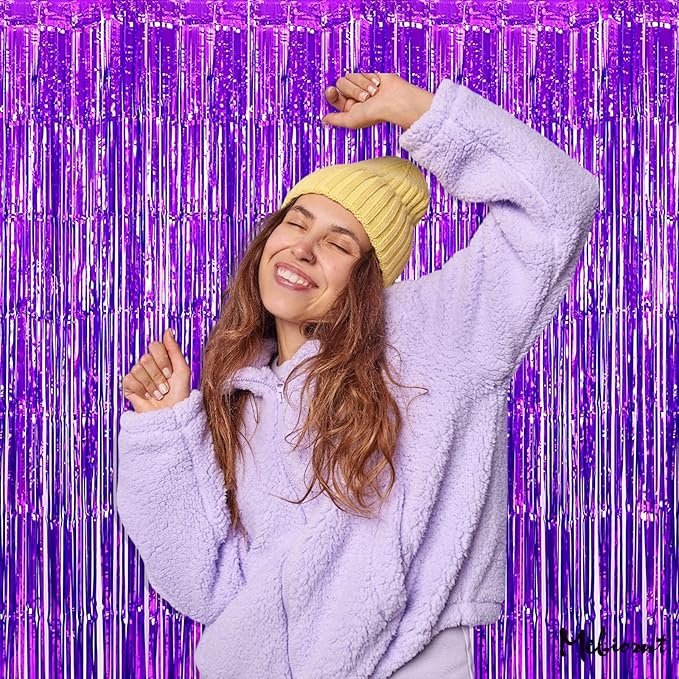 4 Pack Purple Fringe Curtain Backdrop, 3.2Ft x 6.6Ft Metallic Tinsel Foil Fringe Streamers Curtains Background for Photo Booth Birthday Wedding Baby Shower Party Thanksgiving Christmas Decorations
