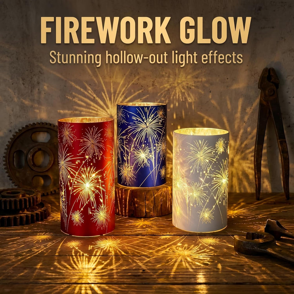 Set of 3 Red White and Blue Celebration Hurricane Firework Lanterns | 3D Etched Starburst Patriotic Led Candles Lights Hurricanes for Birthday Wedding Christmas Parties Chic Modern Home Decor