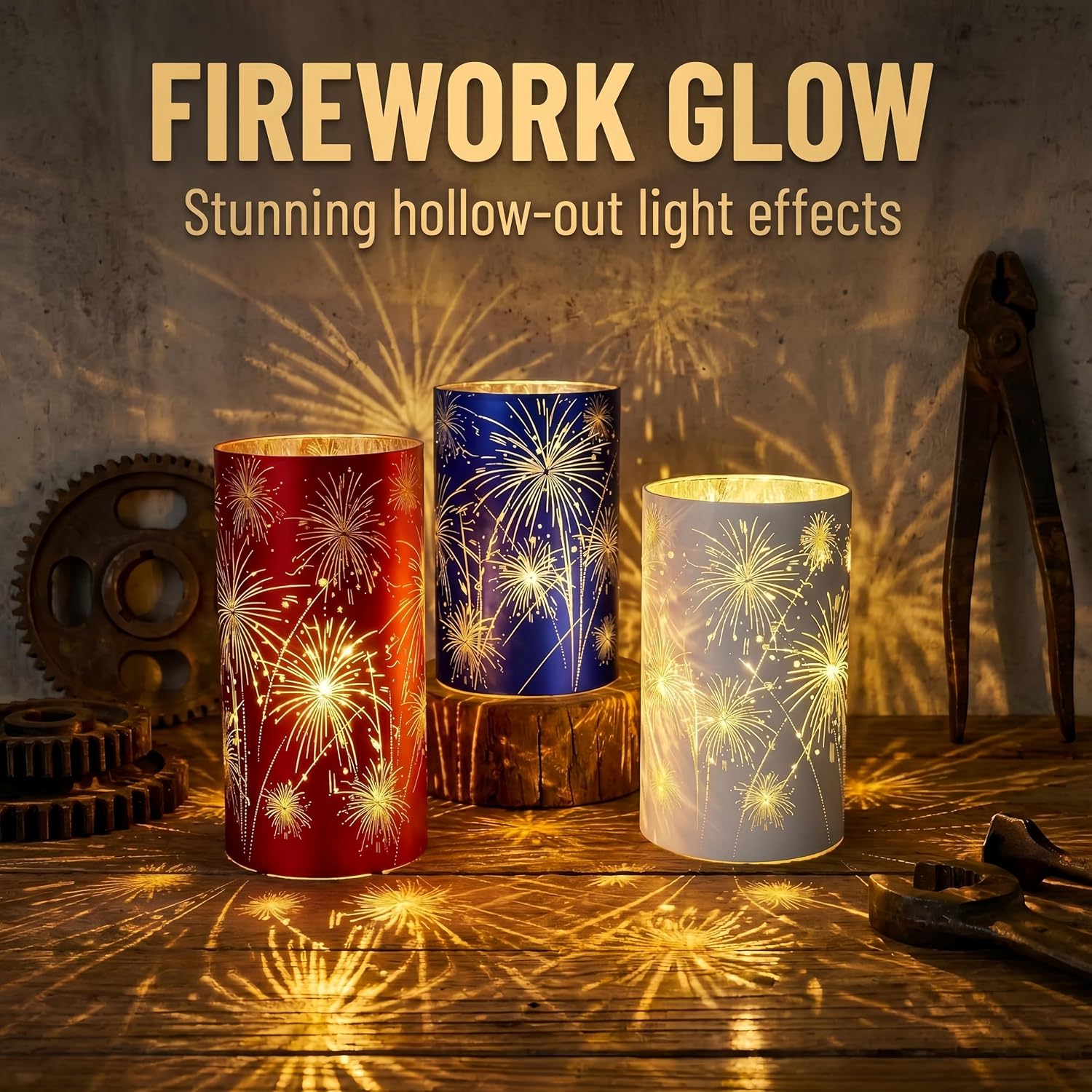 Set of 3 Red White and Blue Celebration Hurricane Firework Lanterns | 3D Etched Starburst Patriotic Led Candles Lights Hurricanes for Birthday Wedding Christmas Parties Chic Modern Home Decor
