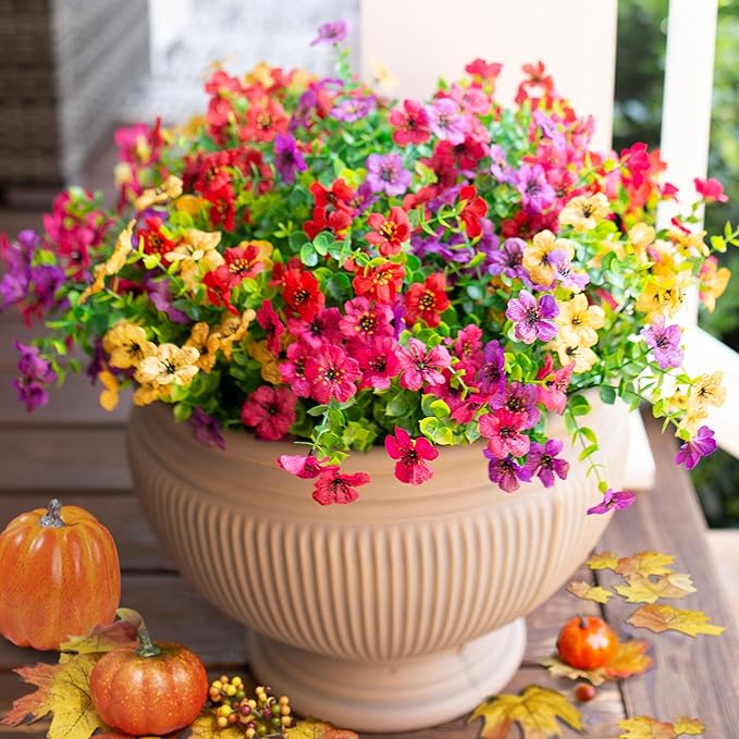 HyeFlora Artificial Flowers for Outdoor Indoor Garden Home Decoration, Faux Flower Daisy with Eucalyptus Leaves Fake Plants Greenery Boxwood Porch Patio, 12 Bundles (Mix Pink Red Purple Yellow)