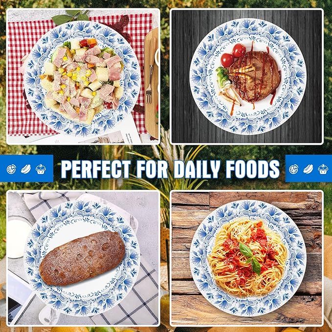 Charmount Blue Flower Printed Paper Plates - Bulk 8.5 Inch, 150pcs, Soak & Cut Proof for Parties & Daily Use