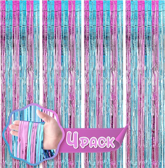 4 Pack 3.3x8.2 Feet Blue and Pink Foil Fringe Backdrop Curtains, Tinsel Streamers Birthday Party Decorations, Fringe Backdrop for Graduation, Baby Shower, Gender Reveal, Disco Party